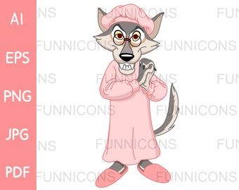 Fairytale clipart cartoon of little red riding hood wolf in grandma’s pajamas, ai eps png jpg and pdf files, digital files download.