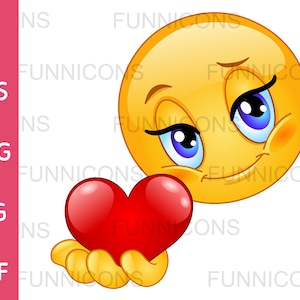 Dibujos animados de imágenes prediseñadas de un emoticono femenino sosteniendo y dando un corazón rojo, archivos ai eps png jpg pdf incluidos, descarga de archivos digitales.