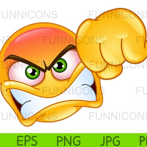 Clipart przedstawiający wściekłą emotikonkę ukazującą gest pięści, dołączone pliki ai eps png jpg i pdf, możliwość pobrania plików cyfrowych.