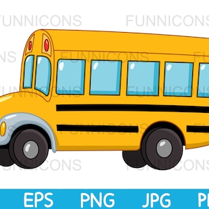 Clipart cartoon of a cute yellow school bus, ai eps png jpg and pdf files included, digital files instant download.