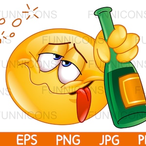 Clipart przedstawiający pijaną emotikonkę trzymającą butelkę szampana, dołączone pliki ai eps png jpg i pdf, możliwość pobrania plików cyfrowych.
