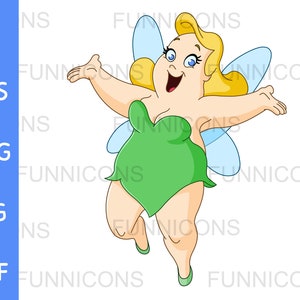 Könnte beinhalten: Eine Cartoon-Illustration einer grünen Fee mit blonden Haaren und blauen Augen. Sie trägt ein grünes Kleid und hat große, blaue Flügel.