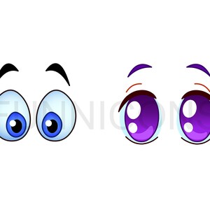 May include: Two pairs of cartoon eyes. The first pair has blue irises and white scleras. The second pair has purple irises and light blue scleras.