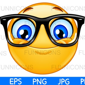 Clipart cartoon of a happy emoticon wearing eye glasses eyeglasses, nerd , ai eps png jpg and pdf files, digital files download.