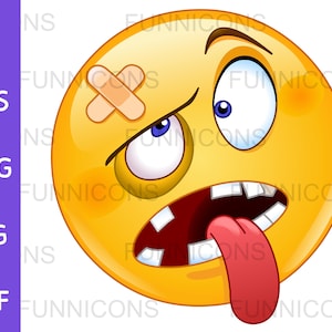 Clipart przedstawiający emotikonę przedstawiającą osobę pobitą lub znokautowaną, dołączone pliki ai eps png jpg i pdf, możliwość natychmiastowego pobrania plików cyfrowych.