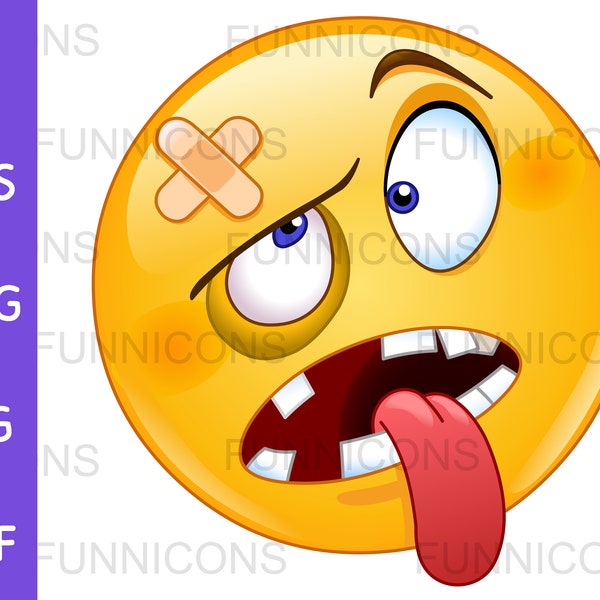 Clipart cartoon of a beaten or knocked out  emoticon, ai eps png jpg and pdf files included, digital files instant download.