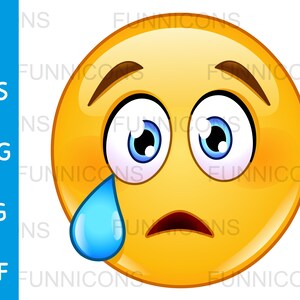 Dibujos animados de imágenes prediseñadas de una cara de emoticono llorando con lágrima, archivos ai eps png jpg y pdf incluidos, archivos digitales descarga instantánea.