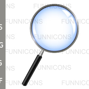 May include: A magnifying glass with a black handle and a silver rim. The glass is clear and has a blue tint.