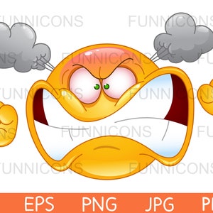 Dibujos animados de imágenes prediseñadas de un emoticon enojado furioso que se vuelve rojo con vapor, archivos ai eps png jpg y pdf incluidos, descarga de archivos digitales.