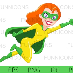 Clipart de uma mulher heroína super-herói voando, arquivos ai eps png pdf e jpg incluídos, download instantâneo de arquivos digitais.