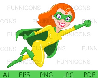 Clipart of a super hero heroine woman flying, ai eps png pdf and jpg files included, digital files instant download.