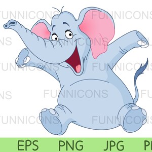 Clipart cartoon van een gelukkige olifant zitten, ai eps png jpg en pdf-bestanden opgenomen, digitale bestanden instant downloaden.