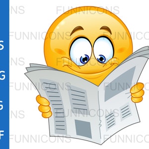 Dibujos animados de imágenes prediseñadas de un emoticono feliz leyendo un periódico, archivos ai eps png jpg y pdf incluidos, descarga instantánea de archivos digitales.