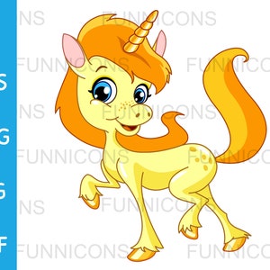 Clipart cartoon van een schattige gouden baby eenhoorn steigeren lopen, dier illustratie, ai eps png jpg en pdf-bestanden, digitale bestanden te downloaden.