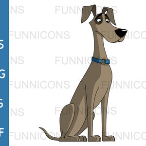 Clipart cartoon of a stylized dog with blue collar sitting, animal illustration, ai eps png jpg and pdf files, digital files download.