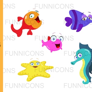 Clipart set of cartoon sea creatures, fish, starfish and seahorse. Vector set, ai eps and png 300dpi files included, digital files download.