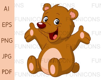 Happy teddy bear clipart, Vector illustration, ai eps png pdf and jpg files included, digital files instant download.