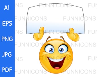 Clipart-Cartoon eines glücklichen Emoticon, der ein leeres Zeichen hält, ai eps png jpg und pdf-Dateien enthalten, digitale Dateien sofortiger Download.