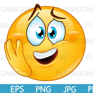 Caricatura de imágenes prediseñadas de un emoticono que parece emocional o emocionado con la mano en la mejilla, archivos ai eps png jpg y pdf, descarga de archivos digitales.