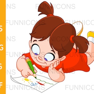 Clipart cartoon of a little girl lying on her stomach and drawing on a paper, ai eps png jpg and pdf files included, digital files download.
