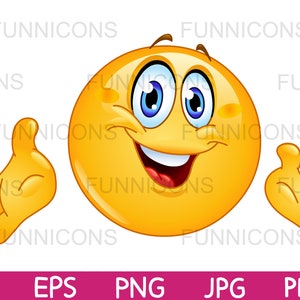 Clipart przedstawiający radosną emotikonkę przedstawiającą ręce, dołączone pliki ai eps png jpg i pdf, możliwość natychmiastowego pobrania plików cyfrowych.