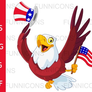 Cartone animato clipart Independence Day di un'aquila calva americana patriottica con cappello e bandiera, ai eps png jpg e file pdf, download di file digitali.