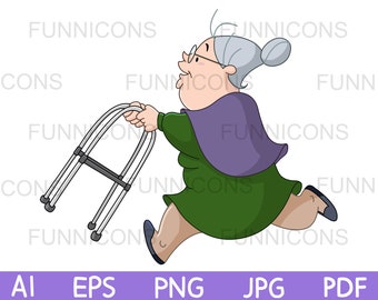 Clipart Cartoon einer alten älteren Oma Frau läuft mit ihrem Walker, ai eps png jpg und pdf-Dateien enthalten, digitale Dateien herunterladen.