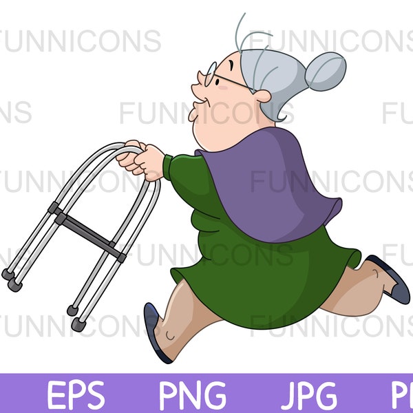 Clipart cartoon of an old senior granny woman running with her walker, ai eps png jpg and pdf files included, digital files download.