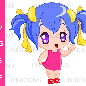Desenho animado clipart de uma linda garota mangá acenando com cabelo azul, arquivos ai eps png jpg e pdf incluídos, download instantâneo de arquivos digitais.