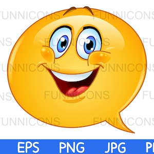 Clipart Cartoon eines glücklichen Chats Comic Sprechblase Emoticon Gesicht, ai eps png jpg und pdf Dateien enthalten, digitale Dateien herunterladen.
