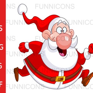 Kerst clipart cartoon van een gelukkige mollige kerstman rennen, ai eps png jpg en pdf-bestanden inbegrepen, digitale bestanden direct te downloaden.