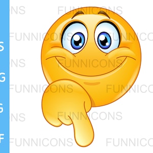 Clipart przedstawiający radosną emotikonkę wskazującą palcem w dół, dołączone pliki ai eps png jpg i pdf, możliwość pobrania plików cyfrowych.