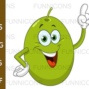 Clipart cartone animato di una felice oliva verde che punta il dito con un'idea, ai eps png jpg e file pdf inclusi, file digitali download istantaneo.