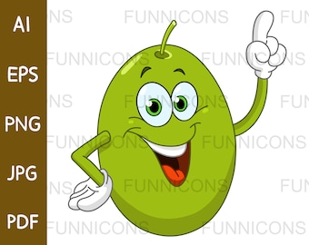 Clipart cartoon of a happy green olive pointing finger with an idea, ai eps png jpg and pdf files included, digital files instant download.