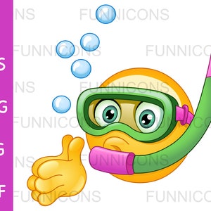 Clipart przedstawiający emotikonę nurkującą z rurką lub nurkującą, dołączone pliki ai eps png jpg i pdf, możliwość natychmiastowego pobrania plików cyfrowych.