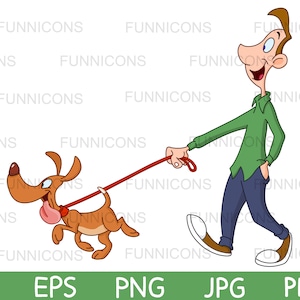 Clipart cartoon of a happy dog leading a man on a walk, ai eps png jpg and pdf files included, digital files instant download.