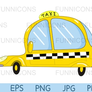 Dibujos animados de imágenes prediseñadas de un estilo vintage taxi amarillo de NY, ai eps png jpg y archivos pdf incluidos, archivos digitales descarga instantánea.