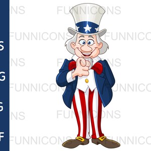 Caricatura clipart de feliz tío Sam sonriendo y señalando hacia afuera, queremos que, ai eps png jpg y archivos pdf, descarga de archivos digitales.