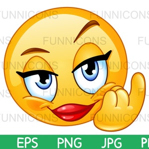 Clipart cartoon van een flirterige vrouwelijke emoticon die gebaart om te komen, ai eps png jpg en pdf-bestanden inbegrepen, digitale bestanden direct downloaden.