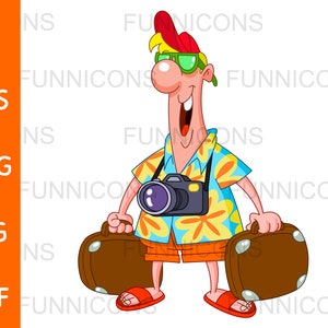 Clipart przedstawiający szczęśliwego turystę w hawajskiej koszuli i z bagażem, dołączone pliki w formatach ai eps png jpg pdf, możliwość natychmiastowego pobrania plików cyfrowych.