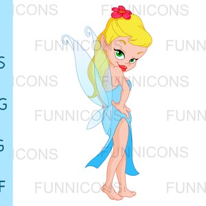 以下が含まれることがあります： 金髪のブロンドヘアと青いドレスを着た漫画の妖精。緑色の目と赤い花を髪に付けている。薄い青色の羽根を持ち、右手を腰に当てて立っている。