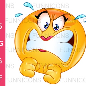 Dibujos animados de imágenes prediseñadas de un emoticon femenino enojado y furioso, ai eps png jpg y archivos pdf incluidos, archivos digitales descarga instantánea.