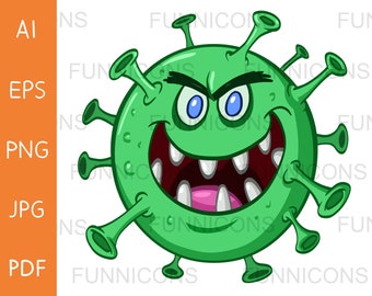 Clipart cartoon of an evil grinning green virus, ai eps png jpg and pdf files included, digital files instant download.