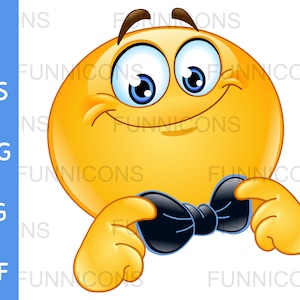 Cartoon clipart di un'emoticon felice che aggiusta, raddrizza o corregge il papillon, file ai eps png jpg pdf, download di file digitali.