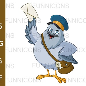 Clipart cartoon van een gelukkige postduif postman die een envelop vasthoudt, ai eps png jpg en pdf-bestanden inbegrepen, digitale bestanden downloaden.