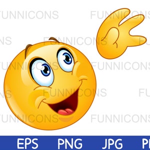 Clipart przedstawiający emotikonkę machającą na pożegnanie ku niebu, dołączone pliki ai eps png jpg i pdf, możliwość natychmiastowego pobrania plików cyfrowych.
