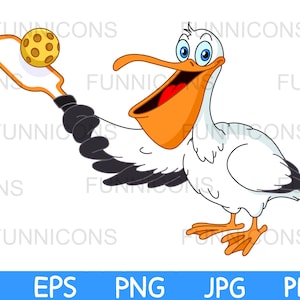 Clipart sport cartone animato di un pellicano felice con palla da paddle pickleball, illustrazione animale, ai eps png jpg file pdf, download di file digitali.