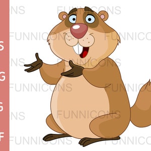Desenho animado clipart de uma marmota feliz se apresentando com a mão, ilustração animal, arquivos ai eps png jpg e pdf, download de arquivos digitais.