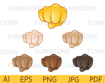 Clipart bundle fisted hand sign  set of various skin tones. Vector set, ai eps and png 300dpi files included, digital files download.