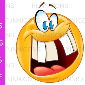 Cartoon clipart di un'emoticon con un sorriso pazzo che rivela un dente gap, file ai eps png jpg e pdf inclusi, download di file digitali.